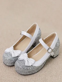Chaussures Lolita Mignonne Paillettes Bout rond Chaussures Lolita en cuir PU