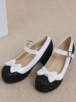 Chaussures Lolita Mignonne Paillettes Bout rond Chaussures Lolita en cuir PU