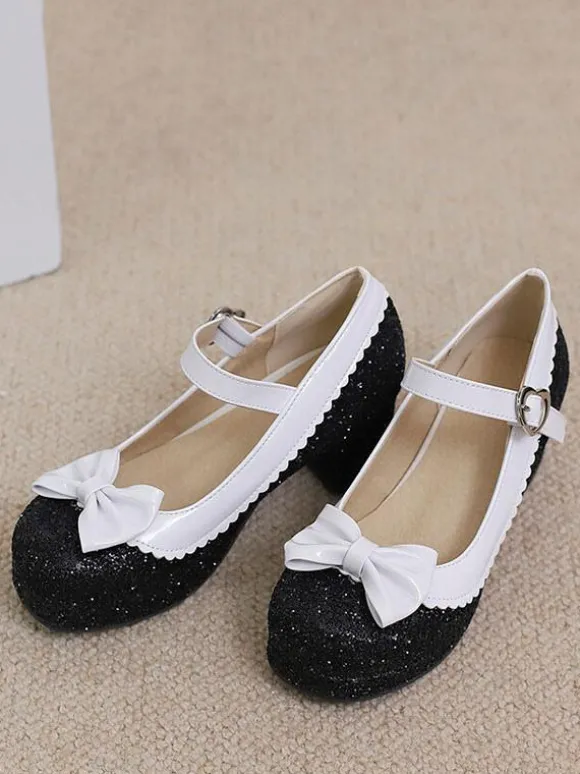 Chaussures Lolita Mignonne Paillettes Bout rond Chaussures Lolita en cuir PU
