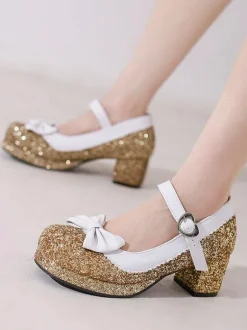 Chaussures Lolita Mignonne Paillettes Bout rond Chaussures Lolita en cuir PU