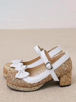 Chaussures Lolita Mignonne Paillettes Bout rond Chaussures Lolita en cuir PU