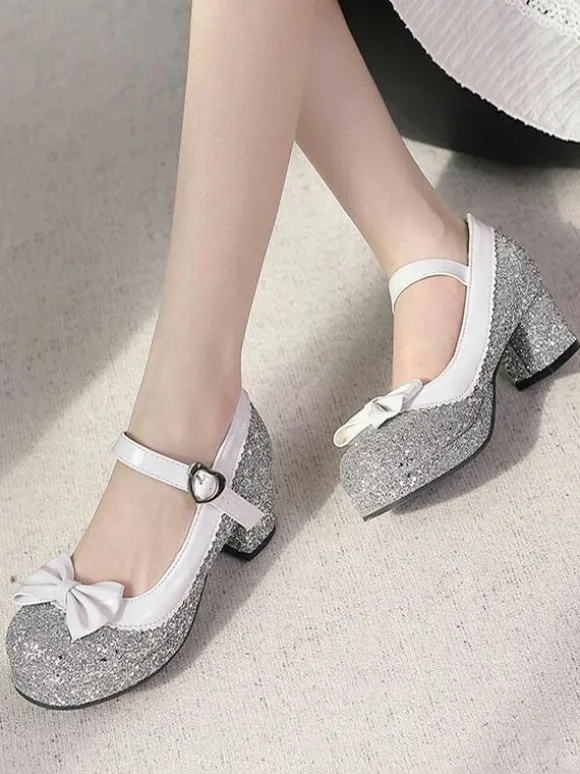Chaussures Lolita Mignonne Paillettes Bout rond Chaussures Lolita en cuir PU