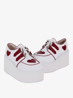 Chaussures Lolita Steampunk blanches à lacets motif c艙urs chaussures Lolita à talons compensés en cuir PU