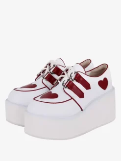 Chaussures Lolita Steampunk blanches à lacets motif c艙urs chaussures Lolita à talons compensés en cuir PU