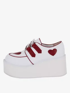 Chaussures Lolita Steampunk blanches à lacets motif c艙urs chaussures Lolita à talons compensés en cuir PU