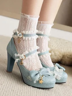 Chaussures Lolita Style ROCOCO Light Sky Blue Ruffles Escarpins Lolita à talons épais en cuir PU