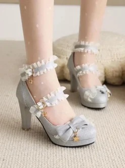 Chaussures Lolita Style ROCOCO Light Sky Blue Ruffles Escarpins Lolita à talons épais en cuir PU