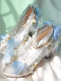 Chaussures Lolita Style Rococo Perles Blanches Volants Talon Chunky Escarpins Lolita