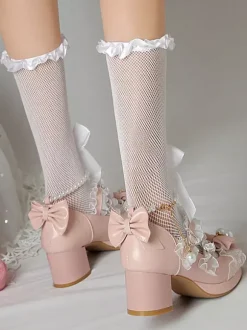 Chaussures Lolita style ROCOCO escarpins Lolita violets à chaînes perles n艙uds bout rond en cuir PU