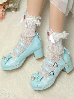 Chaussures Lolita style ROCOCO escarpins Lolita violets à chaînes perles n艙uds bout rond en cuir PU