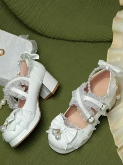 Chaussures Lolita style ROCOCO escarpins Lolita violets à chaînes perles n艙uds bout rond en cuir PU
