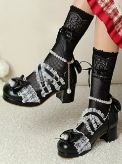 Chaussures Lolita style ROCOCO escarpins Lolita violets à chaînes perles n艙uds bout rond en cuir PU