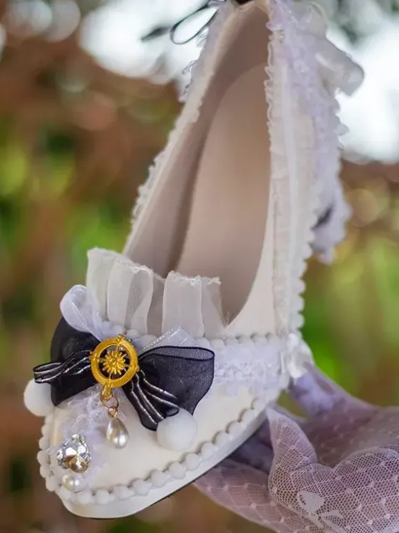 Chaussures Lolita style ROCOCO bleu ciel clair blocs de couleurs n艙uds dentelle volants bout rond escarpins Lolita en cuir PU