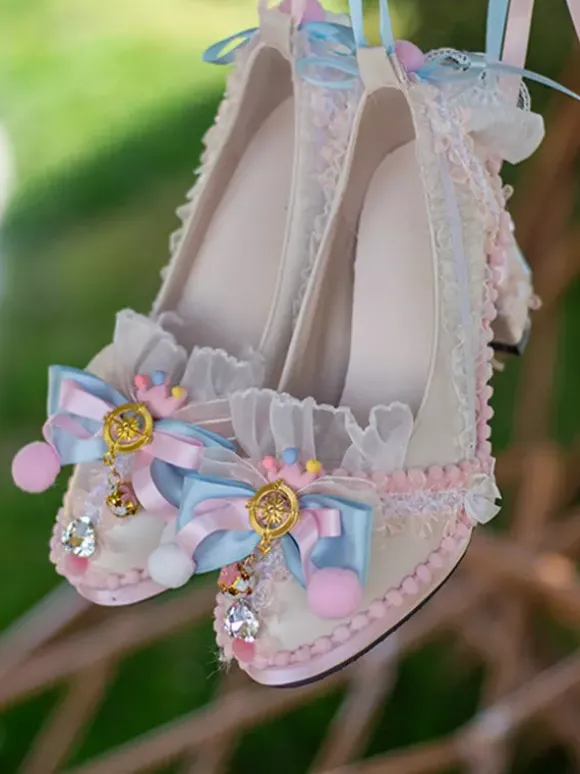 Chaussures Lolita style ROCOCO bleu ciel clair blocs de couleurs n艙uds dentelle volants bout rond escarpins Lolita en cuir PU