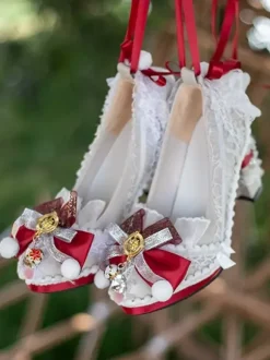 Chaussures Lolita style ROCOCO bleu ciel clair blocs de couleurs n艙uds dentelle volants bout rond escarpins Lolita en cuir PU