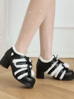 Chaussures Lolita Sweet escarpins Lolita à talons épais en cuir PU avec n艙uds roses