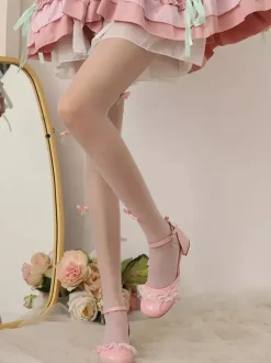 Chaussures Lolita Sweet escarpins Lolita roses à blocs de couleurs n艙uds volants dentelle bout rond
