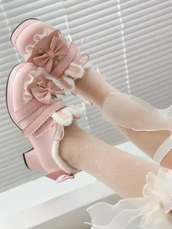 Chaussures Lolita Sweet Lolita Escarpins Lolita en cuir PU à bout rond avec n艙uds roses
