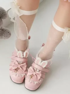 Chaussures Lolita Sweet Lolita Escarpins Lolita en cuir PU à bout rond avec n艙uds roses