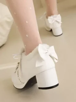 Chaussures Lolita Sweet Lolita Escarpins Lolita en cuir PU à bout rond avec n艙uds roses