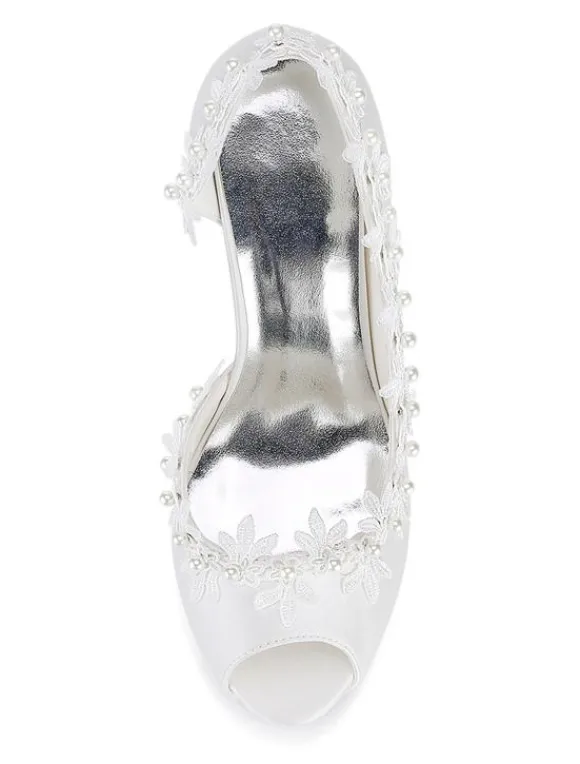 Chaussures mariée en satin à talon haut décoré des fleurs à bout ouvert Chaussures de mariée