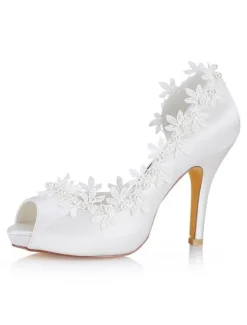 Chaussures mariée en satin à talon haut décoré des fleurs à bout ouvert Chaussures de mariée