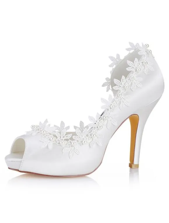 Chaussures mariée en satin à talon haut décoré des fleurs à bout ouvert Chaussures de mariée
