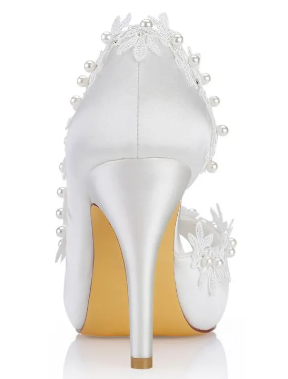 Chaussures mariée en satin à talon haut décoré des fleurs à bout ouvert Chaussures de mariée