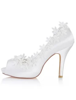 Chaussures mariée en satin à talon haut décoré des fleurs à bout ouvert Chaussures de mariée