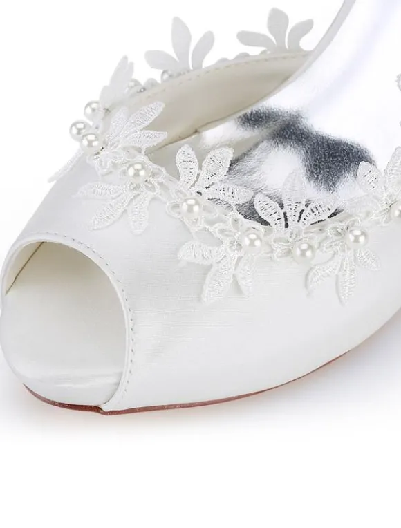 Chaussures mariée en satin à talon haut décoré des fleurs à bout ouvert Chaussures de mariée