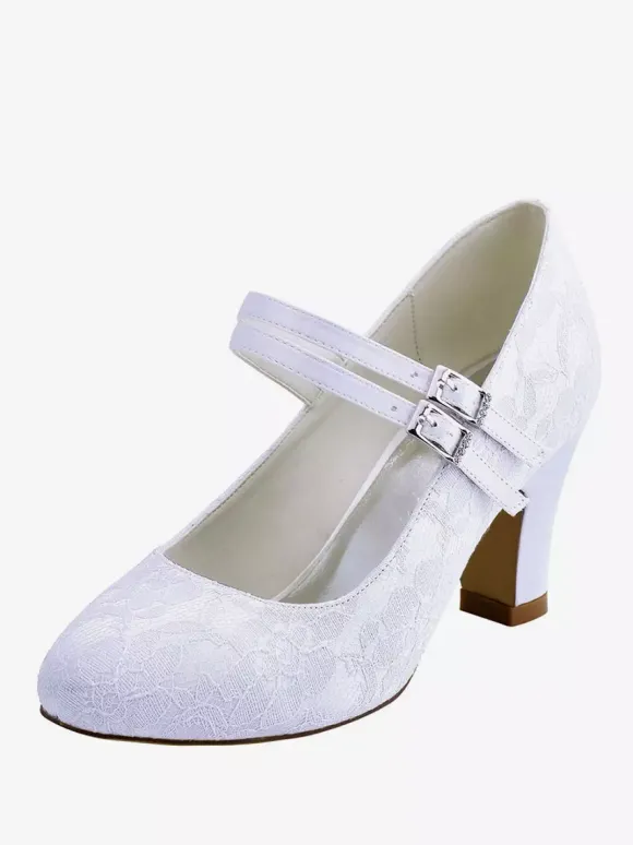 Chaussures mariée ivoire en PU décorées dentelles talon carré