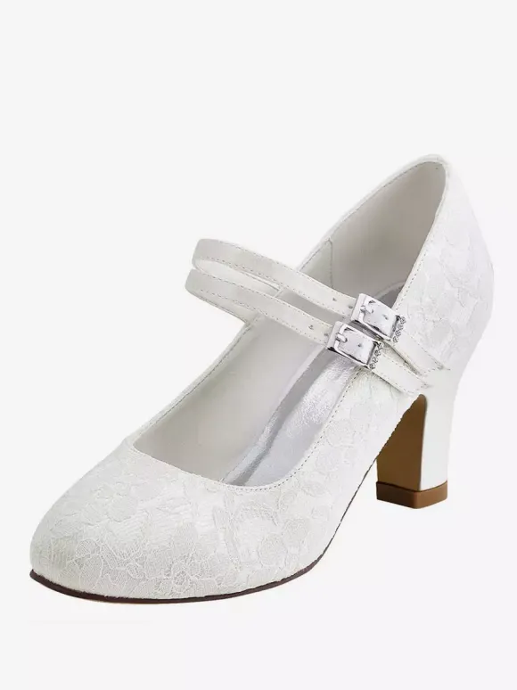 Chaussures mariée ivoire en PU décorées dentelles talon carré