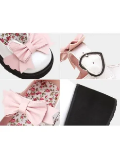 Chaussures Noires Mignonne Lolita En Cuir Pu À Bout Rond Avec N艙ud Rose