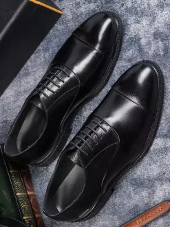 Chaussures Oxford à bout rond pour homme en cuir véritable à bout droit et formelles