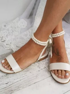 Chaussures Plates De Mariée Sandales De Mariage En Cuir PU Bride Perle
