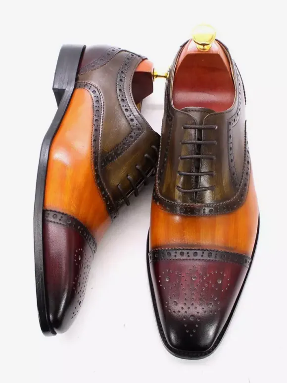 Chaussures richelieu à lacets pour homme en cuir véritable à blocs de couleurs