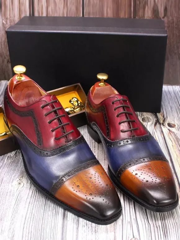 Chaussures richelieu à lacets pour homme en cuir véritable à blocs de couleurs