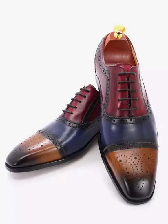 Chaussures richelieu à lacets pour homme en cuir véritable à blocs de couleurs