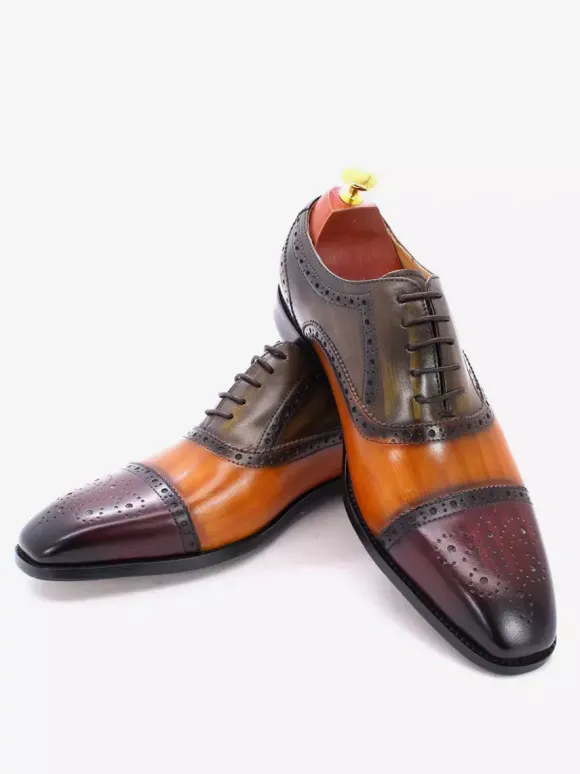 Chaussures richelieu à lacets pour homme en cuir véritable à blocs de couleurs