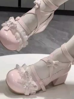 Chaussures Sweet Lolita à brides croisées à la cheville n艙uds bleus bout rond talon compensé en cuir PU