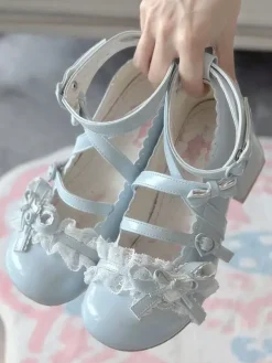 Chaussures Sweet Lolita à brides croisées à la cheville n艙uds bleus bout rond talon compensé en cuir PU
