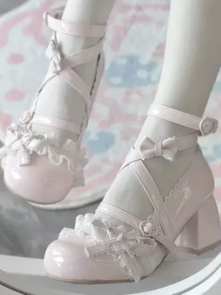Chaussures Sweet Lolita à brides croisées à la cheville n艙uds bleus bout rond talon compensé en cuir PU