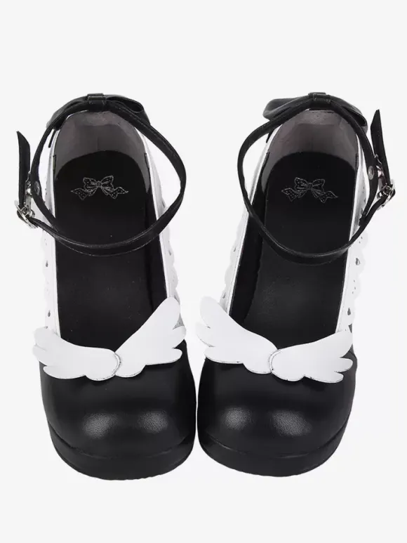 Chaussures Sweet Lolita avec n艙ud noir et bout rond en cuir PU