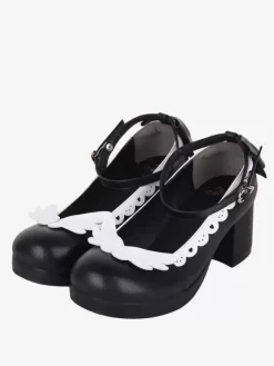 Chaussures Sweet Lolita avec n艙ud noir et bout rond en cuir PU