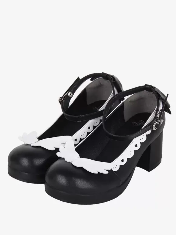 Chaussures Sweet Lolita avec n艙ud noir et bout rond en cuir PU
