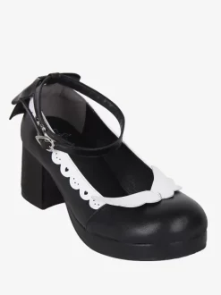 Chaussures Sweet Lolita avec n艙ud noir et bout rond en cuir PU