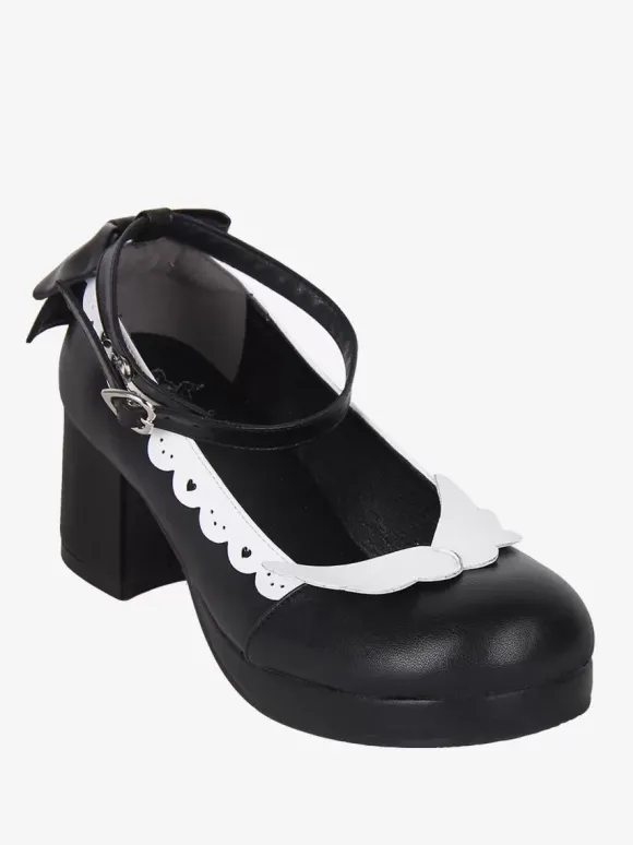 Chaussures Sweet Lolita avec n艙ud noir et bout rond en cuir PU