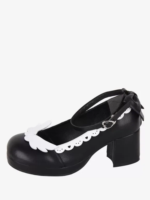 Chaussures Sweet Lolita avec n艙ud noir et bout rond en cuir PU