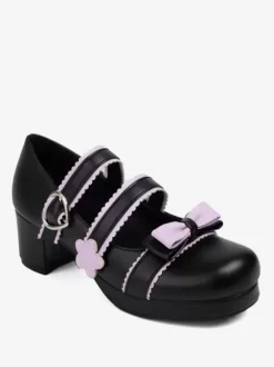 Chaussures Sweet Lolita avec n艙uds noirs et talons épais en cuir PU