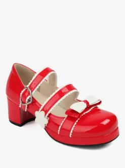Chaussures Sweet Lolita avec n艙uds noirs et talons épais en cuir PU